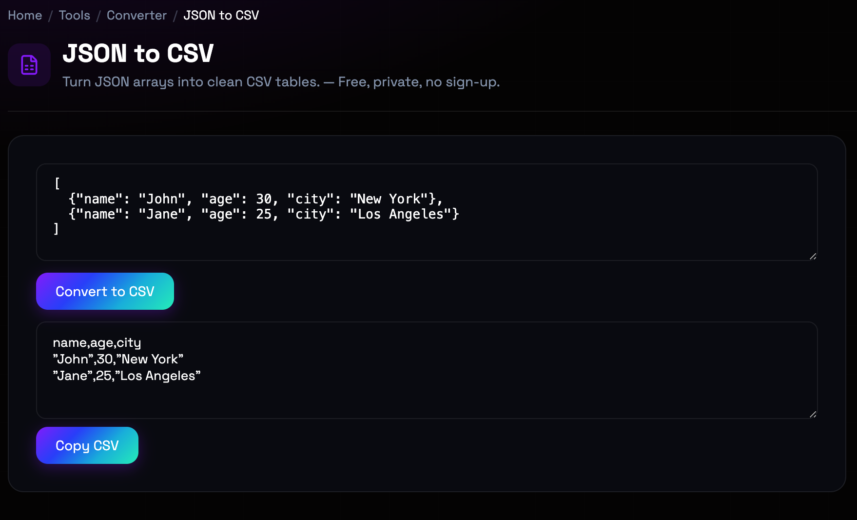 How to use JSON to CSV online — free, fast, and private